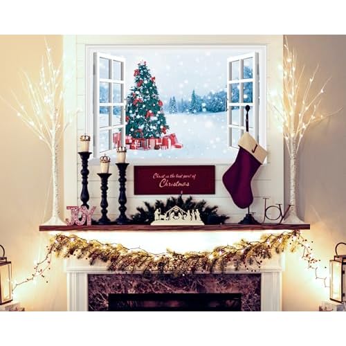 FLFK Fake Window Wall Decal - Christmas Tree Faux Window Wall Mural for Wall Decor, Peel and Stick Wall Sticker,24"x16"