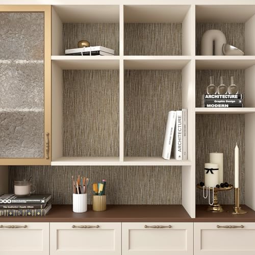Brown and Gold Wallpaper Grasscloth Peel and Stick Wallpaper Faux Grasscloth Wall Paper Textured Woven Fabric Contact Paper for Bedroom Living Room Vinyl Grass Cloth Papel Tapiz 17.7"x80"