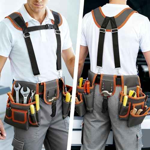 JUSTHERE Tool Belt, Professional Tool Belts for Men, 32''-60'' Size Adjustable Magnetic Tool Pouch With Suspenders & Multiple Pockets, Detachable Utility Belt Work Bags for Electrician, Carpenter
