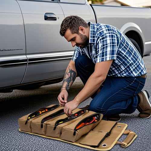 Roll Up Tool Bag, Heavy Duty Tool Organizer Bag, Portable Tools Bag with 6 Tool Pouches for Mechanics, Electricians, DIY Projects, Gifts for Men Dad Husband (Khaki)
