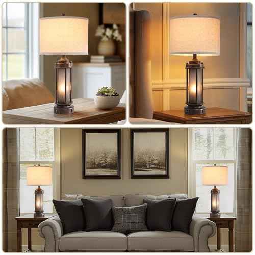 25'' Farmhouse Table Lamp with 2 USB Charging Ports, Rustic Vintage Nightstand Lamp with Frosted Glass Nightlight, Retro Desk Lamp for Living Room Bedroom End Table Entryway, 2 Bulbs Included