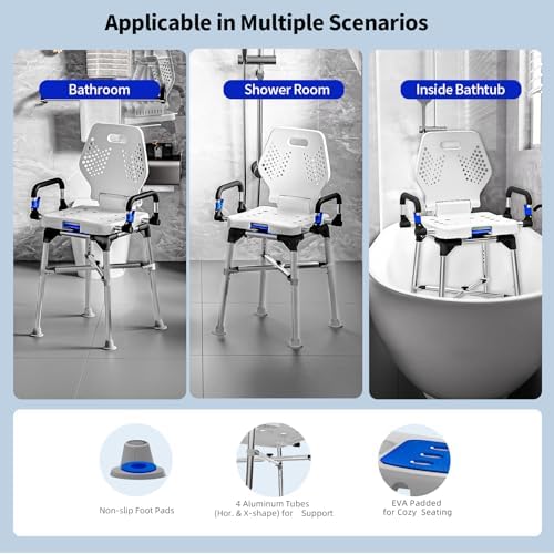 Swive Shower Chair for Seniros Elderly Disabled or Bariatric Adults with Arms and Back, Bench Seat for Inside Shower Stall and Bathroom Bath Tub Seats Adjustable Stool Heavy Duty 500 lbs sit Chairs