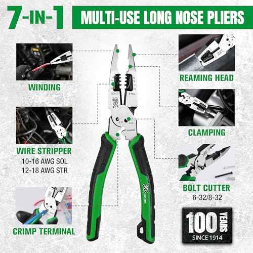 SK 8-Inch Multi-use Long Nose Pliers, Needle Nose Pliers, 7 IN 1, Premium CR-V Steel Construction, Ergonomic Anti-slip Handle for Comfortable Grip