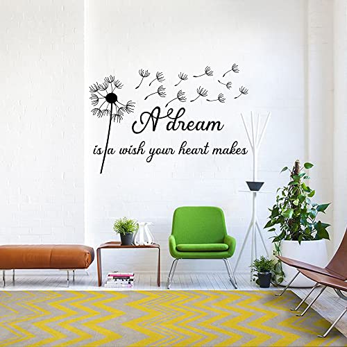 A Dream is a Wish Your Heart Makes Dandelion - Pure Black Vinyl Carved Wall Decal Without Transparent Edge Removable Art Letters Inspirational Quotes Decor for Home Study Kids Room