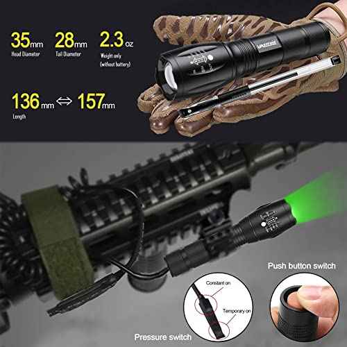 VASTFIRE 350 Yard Green Hunting Light Zoomable Flashlight Hog Predator Lights with Pressure Switch Picatinny Rail Mount 1 Inch to 30mm Scope Mount Gift Carrying Case