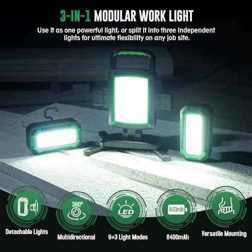 50W 5000LM Rechargeable Work Light, 3-in-1 Magnetic Work Light with Detachable 2 Floodlights, 9 Modes, Foldable&360¡Æ Rotatable IP65 Portable LED Worklight with Hooks for Jobsite Garage Car Repairing