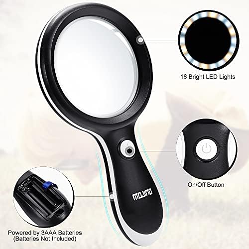 10X Lighted Large Handheld Reading Magnifier Glasses with 18 LED Lights for Macular Degeneration, Seniors & Kids Reading, Inspection, Coins, Jewelry, Exploring