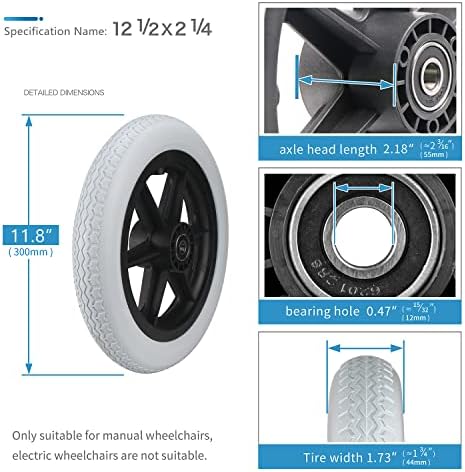 Wheelchair Wheels Assembly (Pair) 12 Inch Rear Wheel 12 1/2 x 2 1/4" Gray Solid Tire Construction, Back Wheel Replacement for Manual Wheelchairs