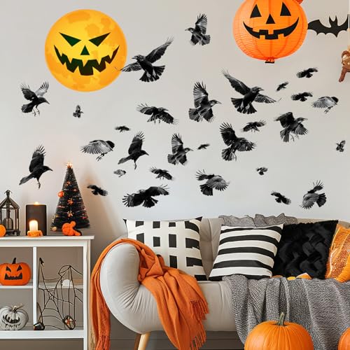 Halloween Decoration Decals for Wall Scary Indoor Halloween Sticker Decor Moon Crow Sticker Halloweens Window Decal Peel and Stick Black Crow Art Murals for Living Room Bedroom Haunted House Supplies
