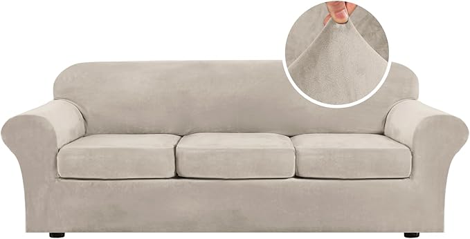 H.VERSAILTEX High Stretch Sofa Slipcover 4 Piece Cover Velvet Furniture Protector Form Fit Thick Velvet Extra Large Sofa Cover for 3 Cushion Couch Width Up to 97 Inch (Large Sofa, French Oak)