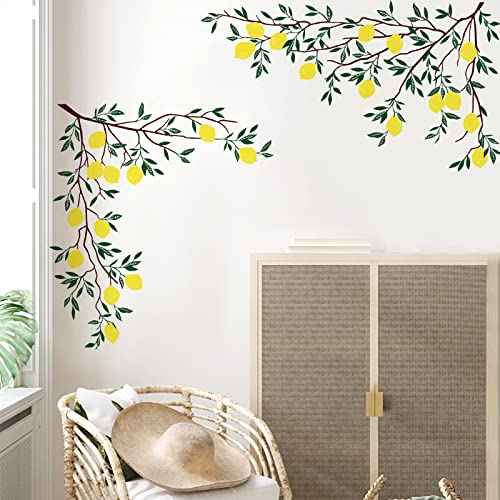 Supzone Lemon Tree Branch Wall Decals Green Leaves Wall Stickers DIY Vinyl Art Stickers for Bedroom Living Room Office Sofa Backdrop TV Decoration