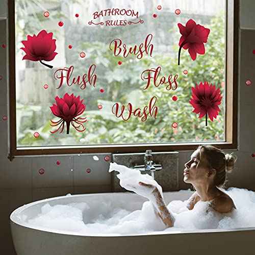Set of Bathroom Wall Decals Stickers Wash Brush Flush Floss Bathroom Rules Wall Decor Sticker Waterproof Flower Sign Decals for Kitchen Home DIY Decorations