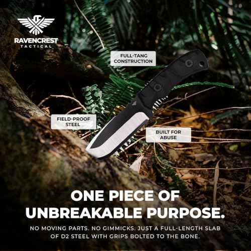 RavenCrest Tactical Blackridge Fixed Blade Knife ? Full Tang D2 Steel ? Blade-Heavy Design ? Stonewashed Finish ? Compact G10 Handle ? Kydex Sheath with Tek Lok