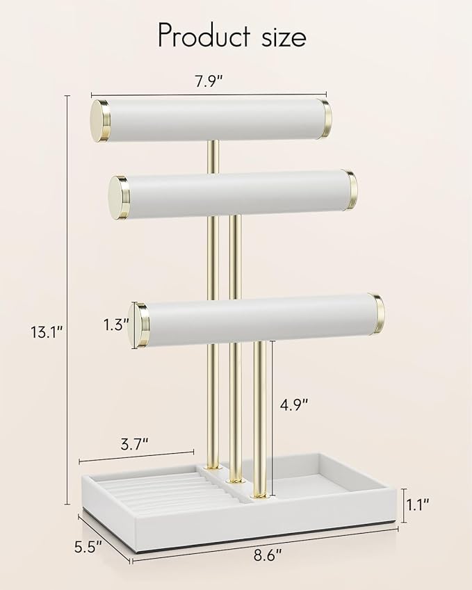 VLANDO 3 Tier Bracelet Holder Organizer with Tray - Leather Jewelry Stand Organizer for Women - Jewelry Holder Display for Necklace, Watches, Rings, Earrings, Bangle, Scrunchie - White