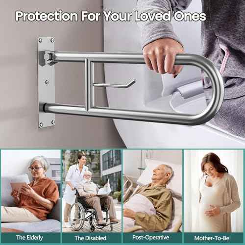 23.6 Inch Foldable Toilet Grab Bars, Bathroom Stainless Steel Handrails with Paper Holder, Handicapped Flip-Up Handles, Senior Safety Rails, Wall Mounted Hand Grips, for Elderly, Disabled, Pregnant
