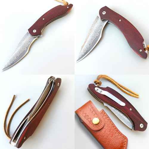 Damascus Pocket Knife, VG10 Damascus Steel Folding Knife with Wood Handle, Liner Lock, Leather Sheath, EDC Knife for Camping Outdoor Survival Hunting