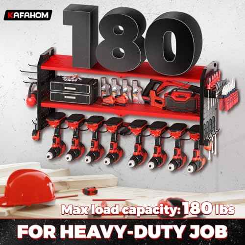 KAFAHOM Power Tool Organizer, Large 8 Drill Holder Wall Mount with 2 Side Pegboards, Heavy Duty Metal Tool Shelf with 12 Hooks, Storage Rack for Garage Organization, Utility Battery Shelves - Red