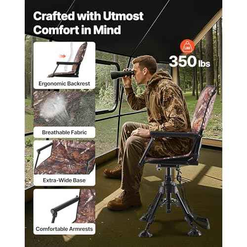 VEVOR Hunting Chair, 360¡Æ Silent Swivel, Foldable Portable Blind Chair, Heavy-Duty Steel Frame Ground Stool Seat, with Armrests, Cover, Anti-Sink Feet, Height Adjustable, 350 Lbs Capacity for Camping