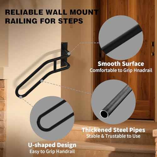 Right Side Wall Mounted handrail, Garge Door Stair Railing for 1-3 Steps(Polished Black, Right Side, 230LBs Loading)