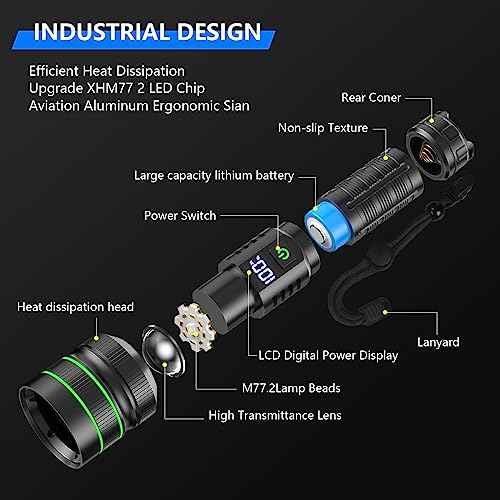 RFICUH Flashlight High Lumens Rechargeable, 60W Super Bright 2000 Lumen XHM77.2 Led High Power Tactical Brightest Flash Light, Handheld Emergency Flashlights for Camping Hiking