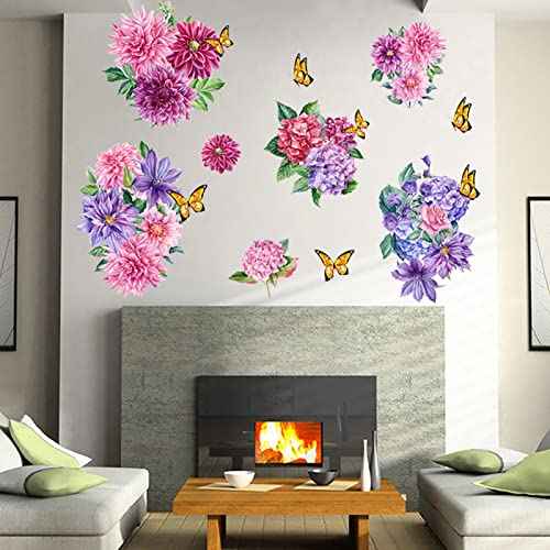 Wall Peony Butterfly Decals, Peony Rose Lavender Butterfly Flower Wall Stickers Flowers Decals Self Adhesive Removable Art Murals, Floral Peonies Walls Decal Stickers Walls Decor