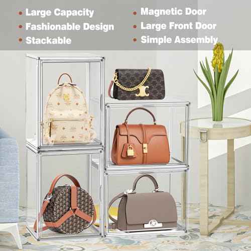1 Pcs Super Large Acrylic Display Case Purse Handbag Storage Organizer for Closet Clear Stackable Bag Boot Shoe Boxes with Magnetic Door