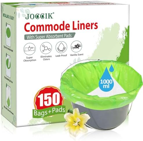 Bedside Commode Liners, 150 Bags + 150 Pads for Bedside Toilet Chair Bucket, Super Absorbent, Unscented, Leak-Proof, Universal Size