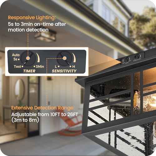 Infrared Sensor Outdoor Ceiling Light, Flush Mount Motion Sensor Ceiling Light, 2-Light Black with Bubble Glass, Bulbs Not Included, 3 Modes, for Porch, Garage, Hallway, Patio,BQ08XD05W1