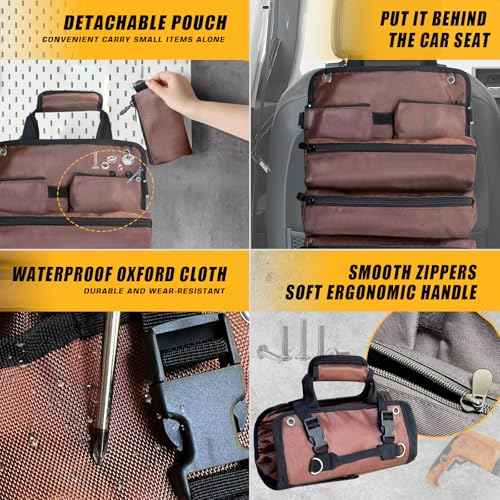 Tool Bag Roll up, Heavy Duty Tool Bag Organizer, Tool bags for Men Women, Portable Tool bag with shoulder strap, Small Carrier Bag for Electrician Mechanic, Father Day Dad Gifts, Gifts for Men, Brown
