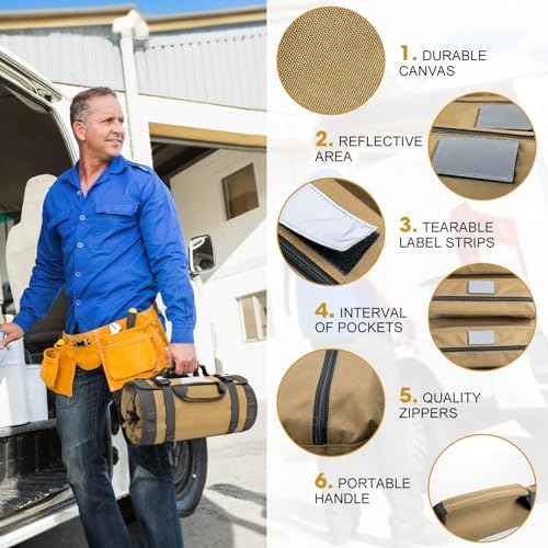 Tool Roll Bag Organizers- Heavy Duty Roll Up Tool Bag Organizer 6 Tool Pouches with Labeled, Small Tool Bag Removable Pouches, Gifts for Electrician,Carpenter, Plumber, Mechanic, Hobbyist