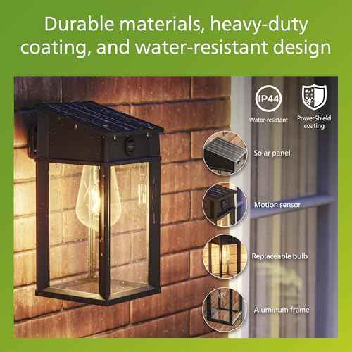 Philips Solar LED 1-Pack Geri UltraEfficient Outdoor Wall Light, Motion Sensor, 2700K, Square, Black, 500 Lumen, High Brightness, Glass, Metal