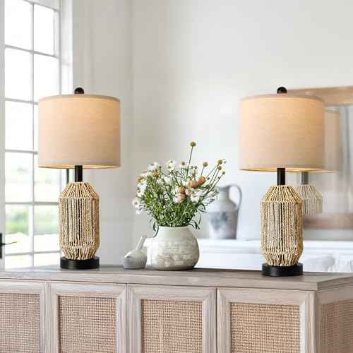 OYEARS 21" Boho Table Lamps Set of 2 for Living Room, Bedside Lamps for Nightstand, Rattan Lamp for Bedroom, Farmhouse Table Lamps for Boho Decor, End Table, Retro, Black