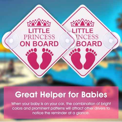 Amabro Little Princess on Board Warning Signs, 2pcs 5" x 5" Safety Car Bumper Sticker With Double Suction Cups, Reusable Baby in Car Decal, Pink