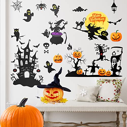 6 Sheets Halloween Wall Decals Black Bats Witch Ghost Ancient Castle Pumpkin Wall Stickers Decor Removable DIY Home Art for Halloween Party Supplies