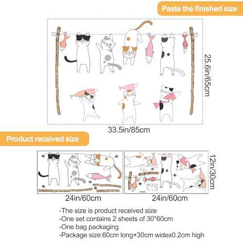 Removable Cartoon Animal Cats Wall Stickers Laundry Room Cats Clothes Hanger Fish Wall Decals Stickers for Girls Bedroom Decal Kids Nursery Sticker Bathroom Wall Art Decoration