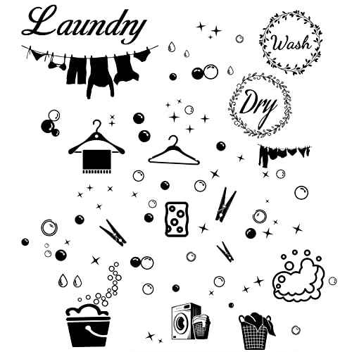 CREATCABIN 4pcs Laundry Room Vinyl Wall Decals Wash Dry Quote Washing Machine Dryer Wall Stickers Self-Adhesive Peel and Stick Mural Decoration for Home Bathroom Washing Machine Dryer Laundry Room