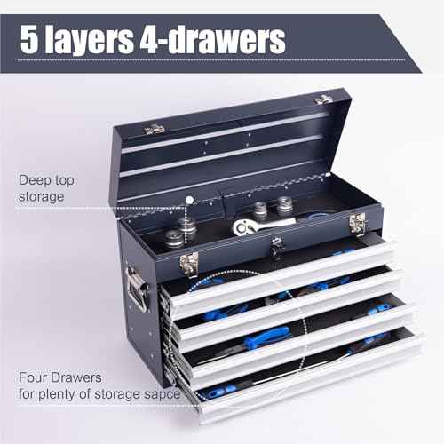 21-Inch Metal Tool Box with 4 Lockable Drawers, Portable Tool Chest Organizer for Mechanics & DIY | Auto-Locking System, Smooth Ball Bearing Slides, Durable Powder Coated Finish | EVA Padding