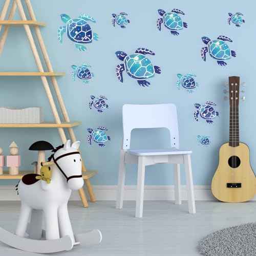 12 Pcs Sea Turtle Wall Decals, Ocean Turtle Vinyl Stickers Underwater Bathroom Decal, Waterproof Wall Sticker Removable Turtles Decals for Bathroom Bedroom Toilet Nursery Room Decoration