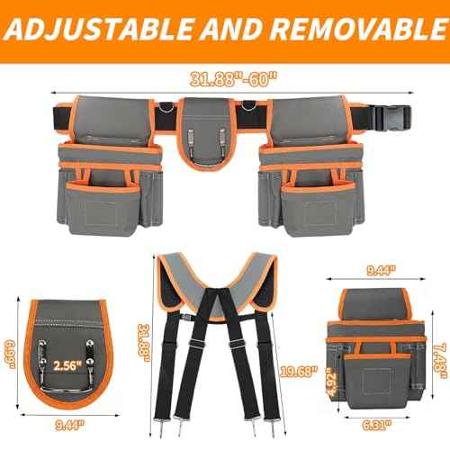 JUSTHERE Tool Belt, Professional Tool Belts for Men, 32''-60'' Size Adjustable Magnetic Tool Pouch With Suspenders & Multiple Pockets, Detachable Utility Belt Work Bags for Electrician, Carpenter