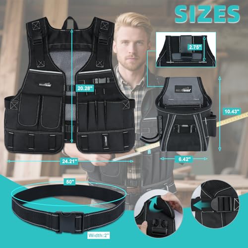 MELOTOUGH Tool Vest for Men with Pouches and Belt, Adjustable Multi-Pocket Safety Tool Vest for Electrician, Carpenter(Black)