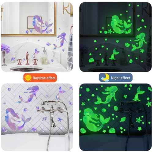 Mermaid Wall Decals Glow in The Dark Mermaid Star Decal Under The Sea Wall Stickers for Nursery Bedroom Bathroom Mirror Wall Decor