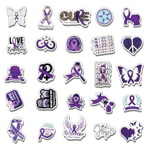 50 Pack Pcs Epilepsy Awareness Month Stickers for Water Bottles Waterproof Vinyl Laptop Luggage Purple Ribbon Inspirational Sticker Packs Bulk Teens Adults Aesthetic Small Decals