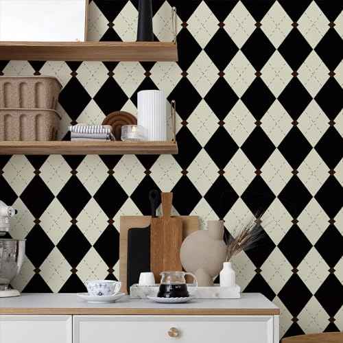 Simon&Siff Retro Checkered Peel and Stick Wallpaper Black and White Wallpaper Vintage Plaid British Geometric Wall Paper for Bathroom Kitchen Cabinet Contact Paper 17.3"x78"