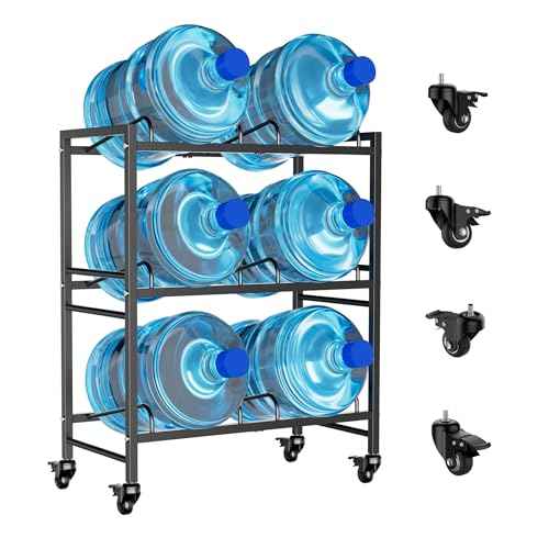 Heavy Duty 3 Tiers Water Rack Double Row with 4 Wheels - Space Saving Dispenser Stand 5 Gallon Water Storage Rack Bottle Jug Holder Organizer/Lockable&Removable Casters/Kitchen Office Garage/6 Slots