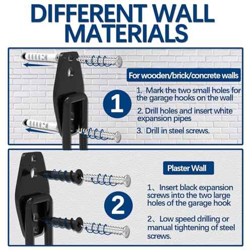 3-H Garage Hooks Heavy Duty with 2 Storage Straps, Utility Garage Wall Mount Hooks for Garden, Ladders, WeedEater, Shovel(Black)