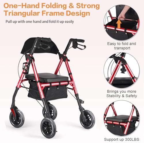 Amblisss Walkers for Seniors with Seat, Foldable Rollator Walkers, 300 lbs Weight Capacity, 8" Wheels Dual Height Ajustable, Rolling Walker with Seat for All-Terrain, Red