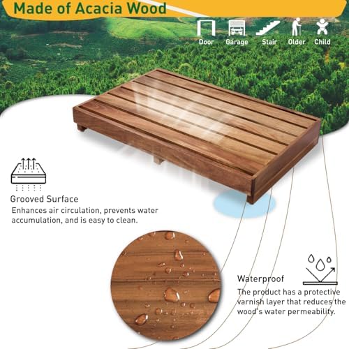Acacia Wood Step Platform (25'' L x 16'' W x 3.8'' H, No Assembly Required), Outdoor Steps with Non-Skip Pads for Seniors, Wooden One Step Stool for Bed, Stair, Bathroom, Kitchen, Garden