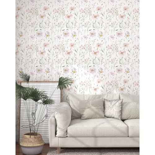 Floral Peel and Stick Wallpaper Boho Contact Paper Self Adhesive Removable Wallpaper Pink Floral 17.3''x78.7'' White Wildflowers Wall Paper for Bedroom Bathroom Art Deco Wall Papers Vinyl Roll