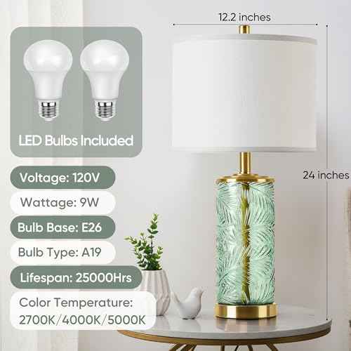 QiMH Glass Table Lamp Set of 2, Modern Gold Bedside Lamp with Stereo Palm Leaves Vein Glass for Living Room, Green Nightstand Lamps for Bedroom Home Office Reading Decor(Bulbs & Shades Included)