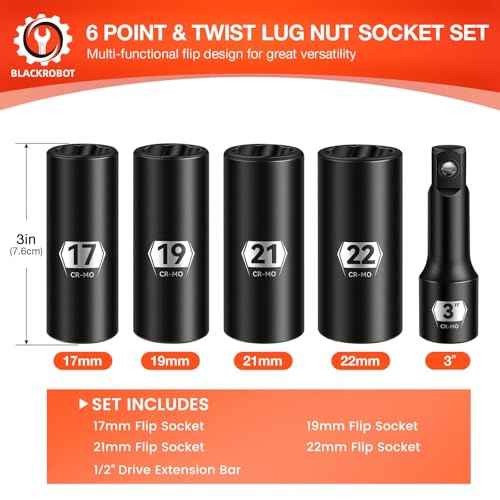 BLACKROBOT 5-Piece 1/2" Drive Lug Nut Removal Tool, 6 Point & Twist Lug Nut Extractor, Impact Flip Socket Set (17mm, 19mm, 21mm, 22mm) with 3" Extension Bar, CR-MO Steel
